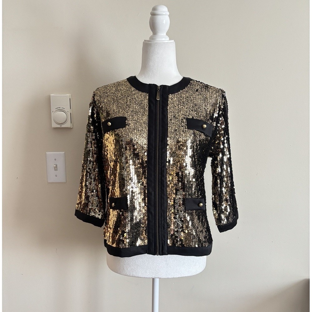Vintage Michael Simon Womens Large Sequin Zip Jacket Gold Black Party Glam‎